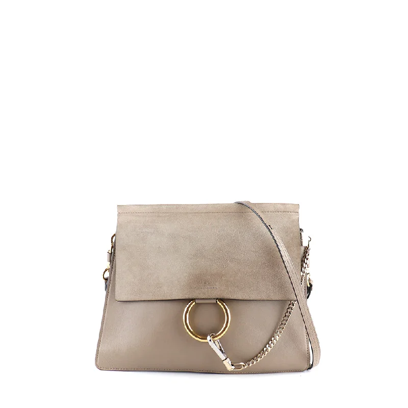 CHLOÉ - Sac à bandoulière Faye large en cuir taupe et daim