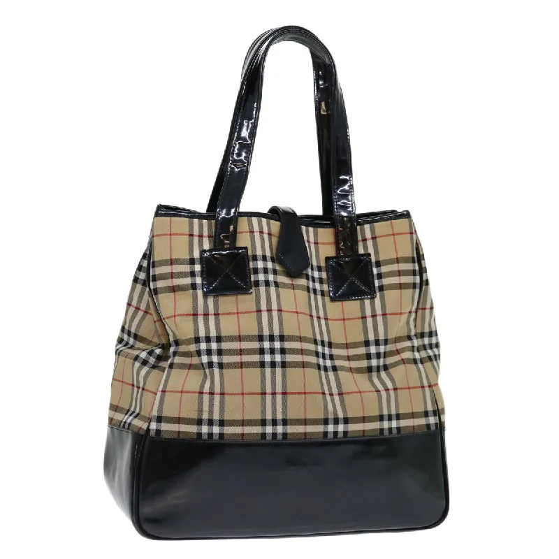 BURBERRYSs Nova Check Blue Label Tote Bag Canvas Beige Black Auth 71014