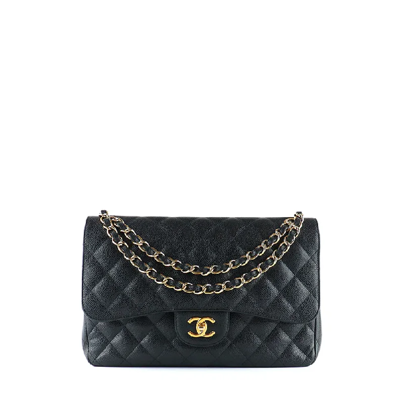 CHANEL - Sac à bandoulière Classique / Timeless Jumbo double flap en cuir caviar noir