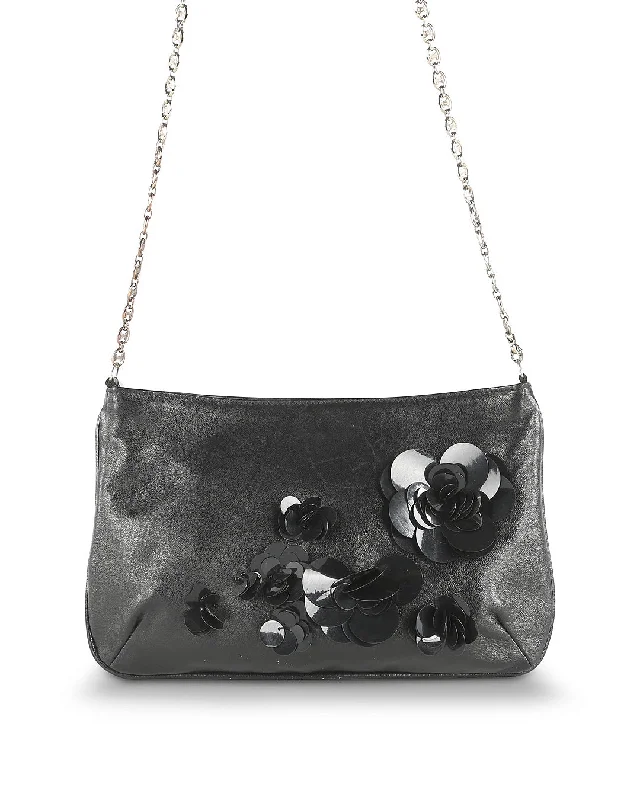 Celine Black Leather Floral Aplique Mini Shoulder Bag