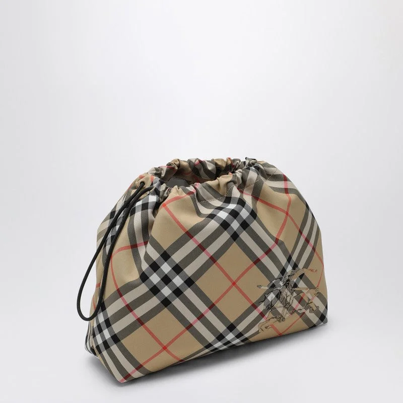 Burberry Drawstring Pouch With Beige Check Pattern Men