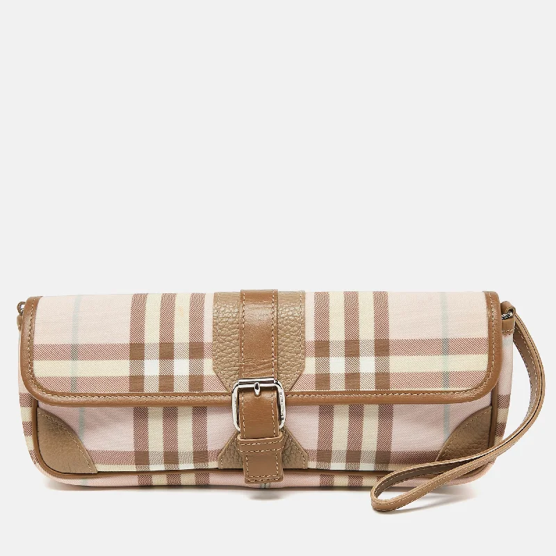 BURBERRY Pink/Beige House Check PVC and Leather Buckle Flap Wristlet Clutch