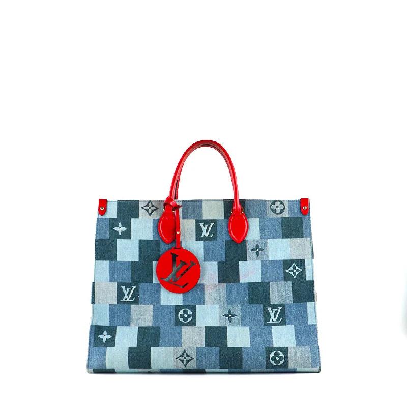 LOUIS VUITTON - Sac cabas OnTheGo GM en denim bleu et cuir rouge