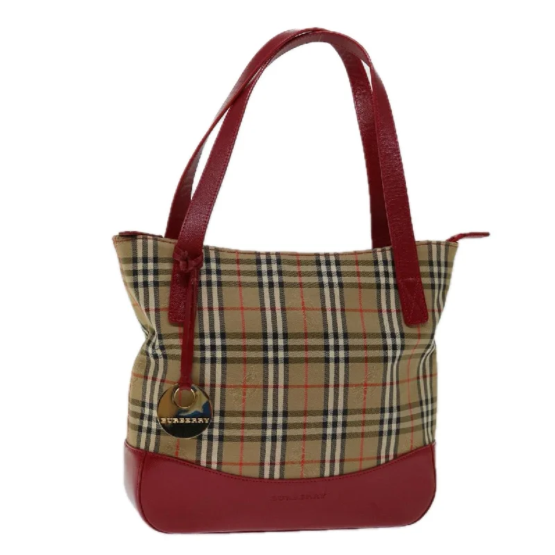 BURBERRY Nova Check Tote Bag Canvas Beige Red Auth 69899