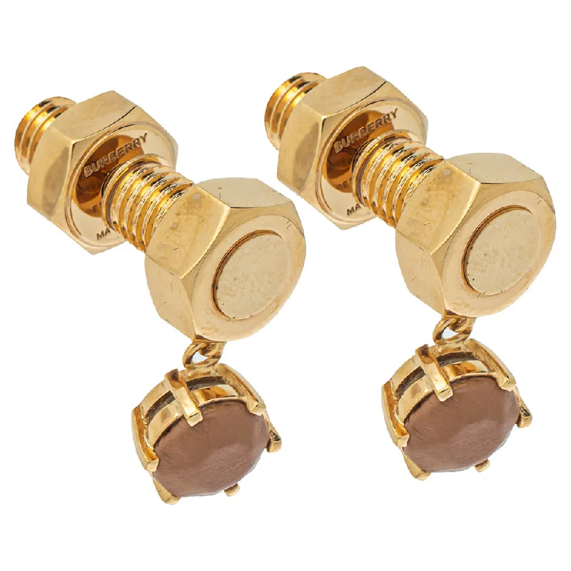 Burberry Gold Plated Leather Inlay Nut & Bolt Drop Earrings