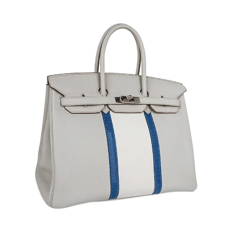 Hermes Limited Edition Club Birkin 35 Bag Gris Perle & Blanc Clemence Leather with Palladium Hardware