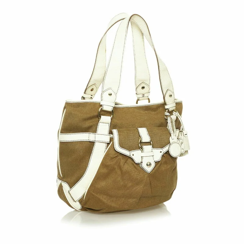 Celine shoulder bag tote light brown white canvas leather ladies Celine