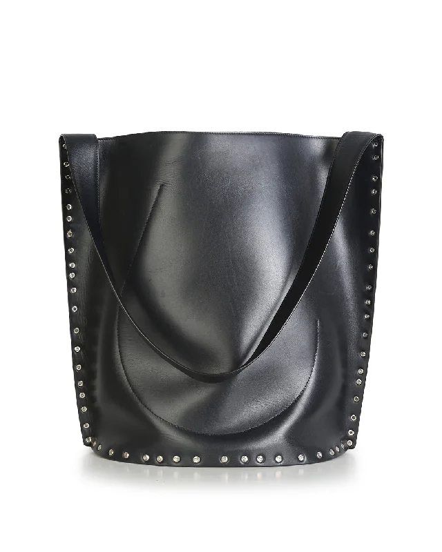 Celine Black Satinated Natural Calfskin Leather Large Studs Bucket Shoulder Bag