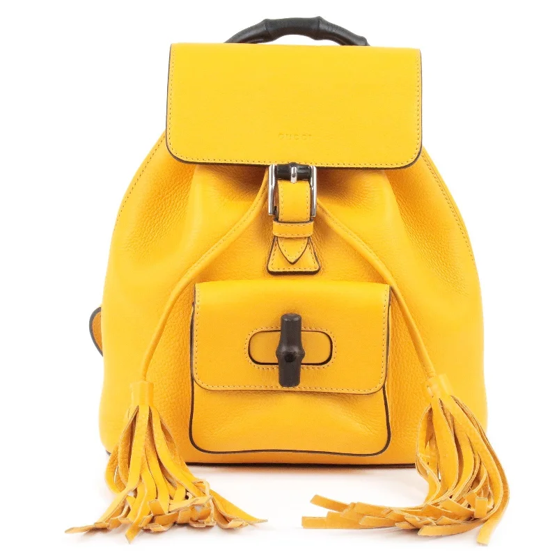 GUCCI Bamboo Back Pack With Fringe Leather Yellow 387149