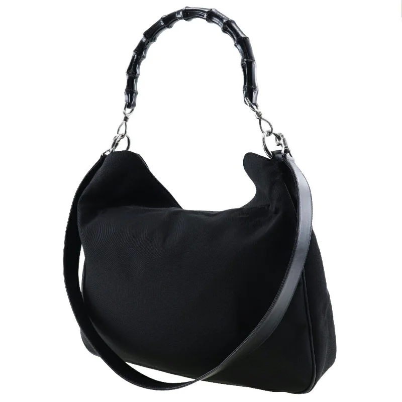 GUCCI Bamboo Handbag 001-0577 Nylon Canvas Made in Italy Black Shoulder 2way A4 Magnetic Type Ladies