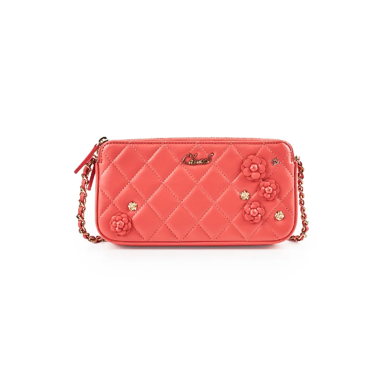 Chanel Small Camelia CC Clucth with Chain Coral