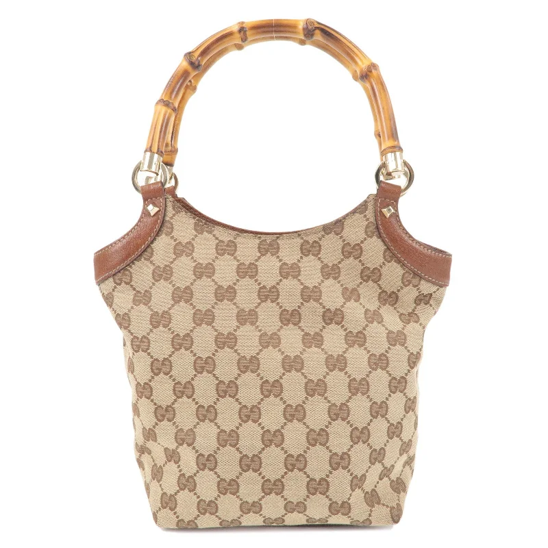 GUCCI Bamboo GG Canvas Leather Hand Bag Beige Brown 140203