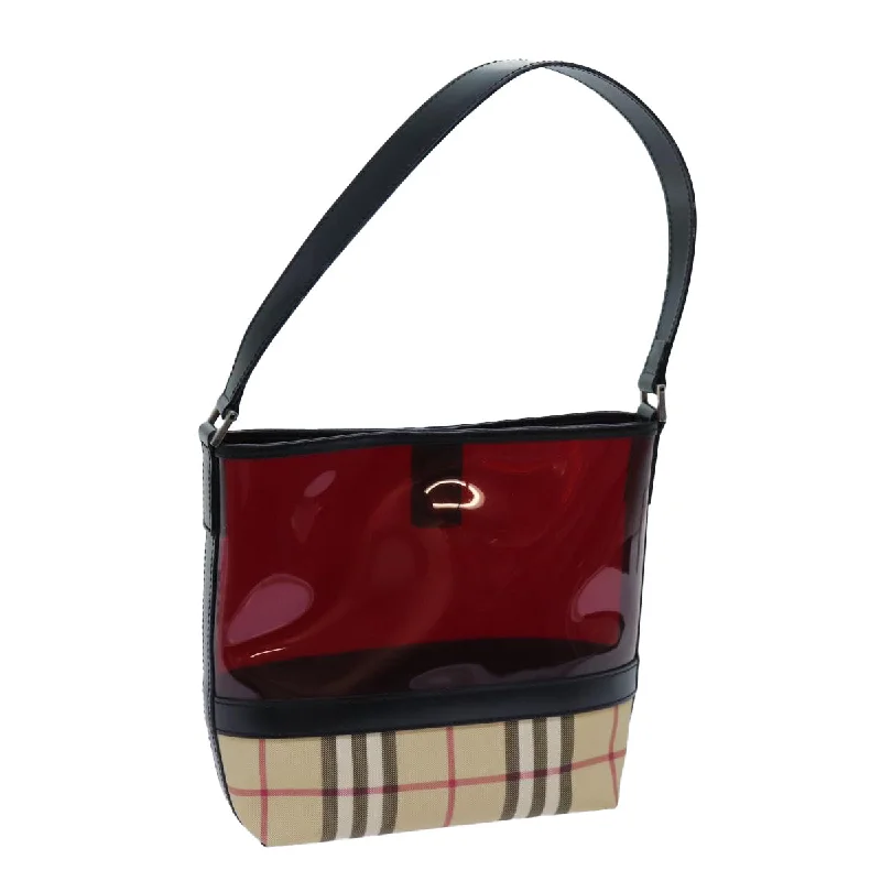 BURBERRY Nova Check Shoulder Bag Coated Canvas Vinyl Beige Red Auth 72405