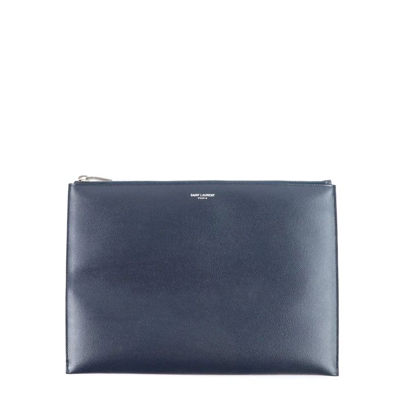 SAINT LAURENT - Pochette en cuir grainé bleu marine