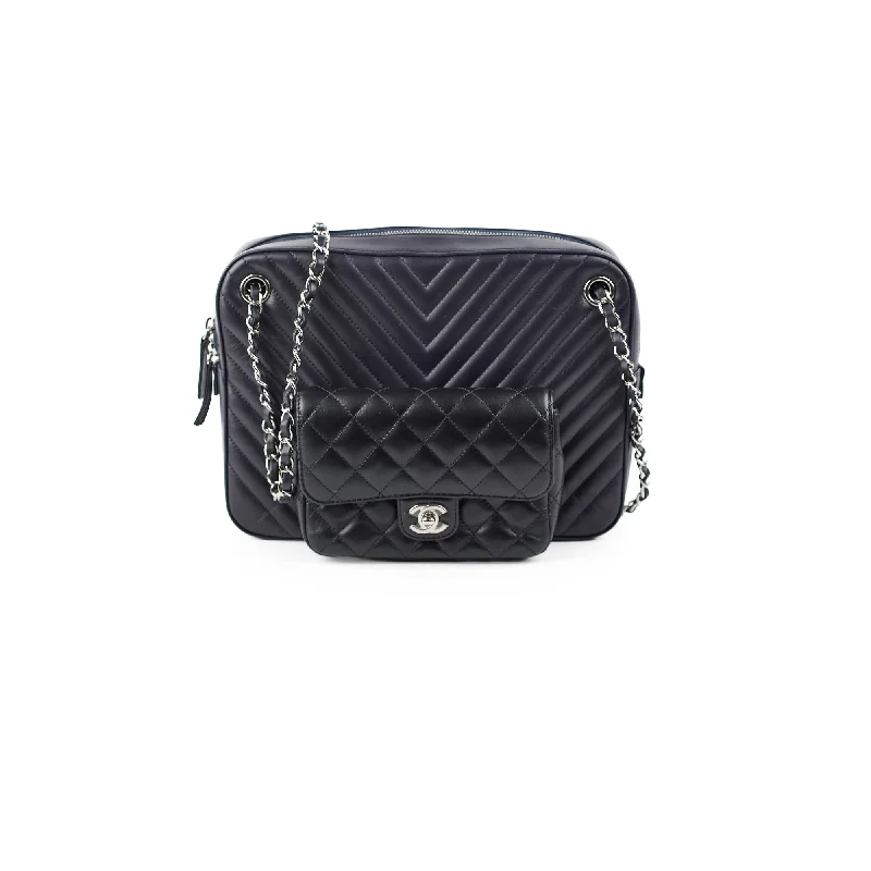 Chanel Double Camera Chevron Quilted Crossbody Bag Black/Dark Purple 26 series