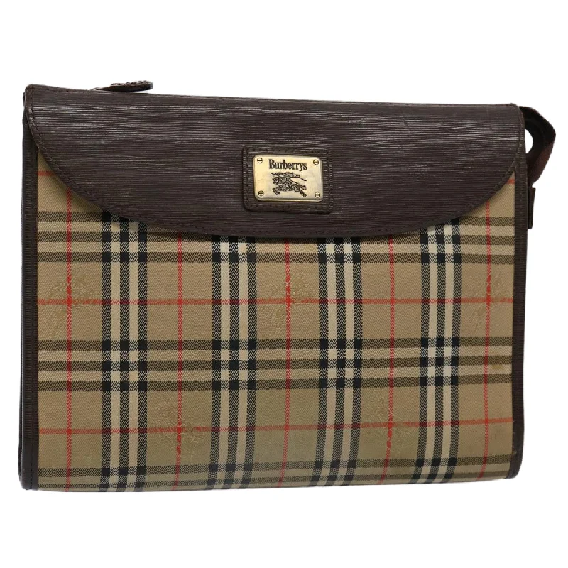 BURBERRYSs Nova Check Clutch Bag Nylon Canvas Brown Auth ki3865