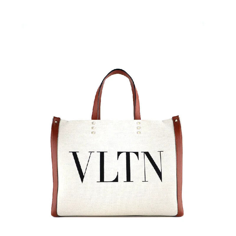 VALENTINO - Sac cabas Grande Plage en toile et cuir marron