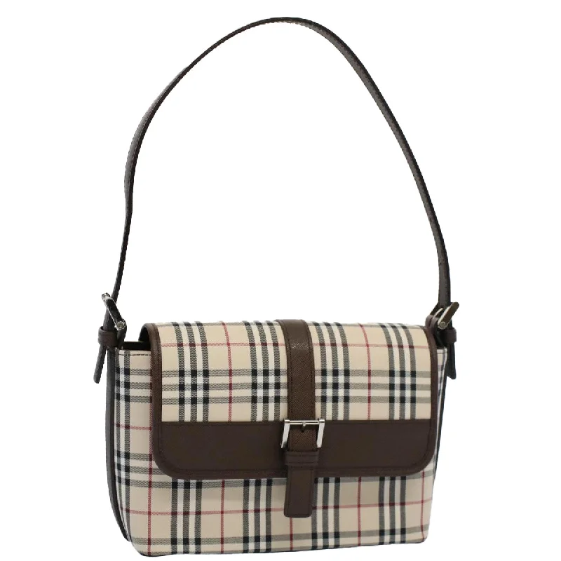 BURBERRY Nova Check Shoulder Bag Nylon Canvas Beige Auth am5185