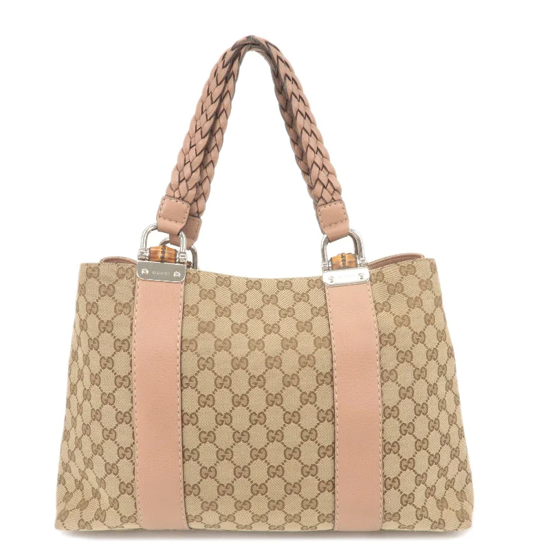 GUCCI Bamboo GG Canvas Leather Tote Bag Beige Pink 232947