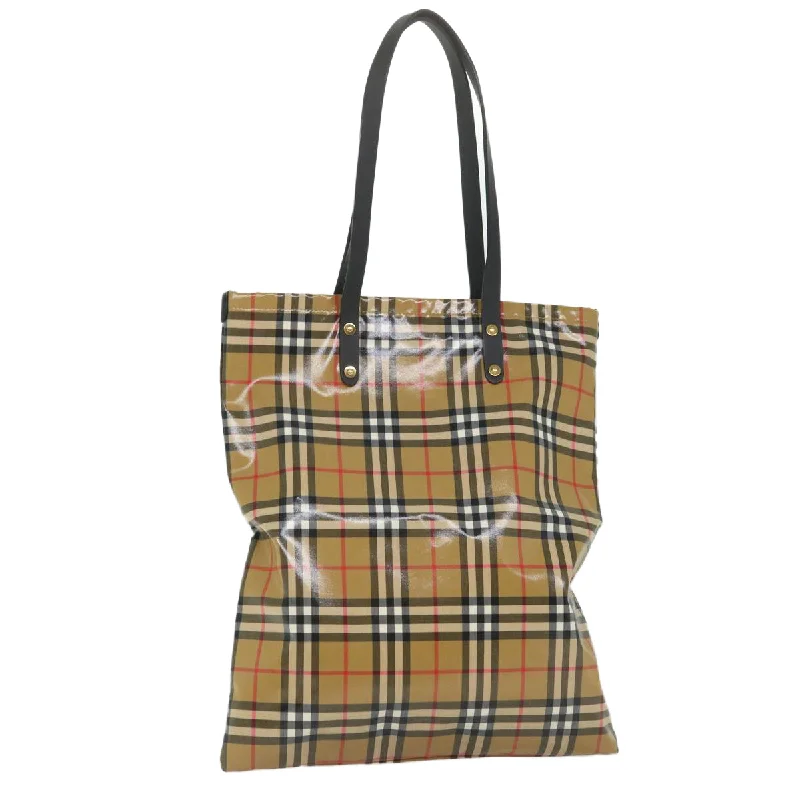 BURBERRY Nova Check Tote Bag Coated Canvas Beige Black Auth 58067