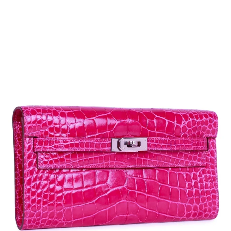 Hermes Kelly Wallet To Go Rose Scheherazade Shiny Alligator Palladium Hardware