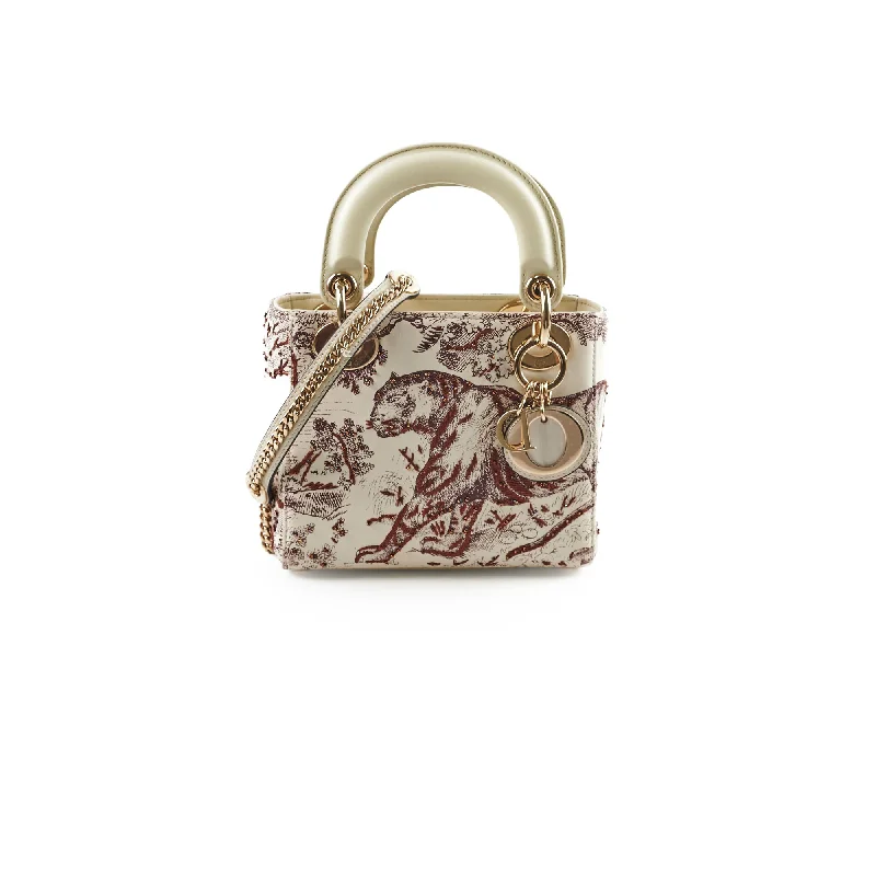 Christian Dior Mini Lady Dior Calfskin Limited Edition Embroidered Bag Ivory/Burgundy