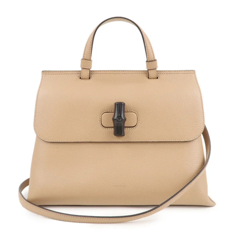 GUCCI Bamboo Daily Leather 2Way Bag Hand Bag Beige 392013