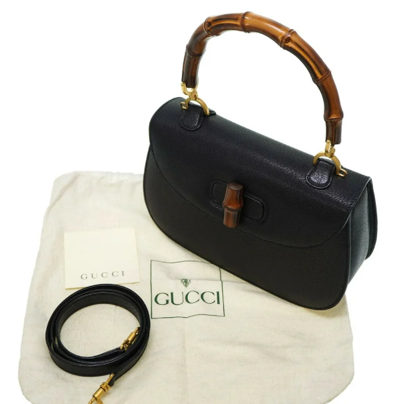 GUCCI bamboo leather shoulder hand bag black with strap